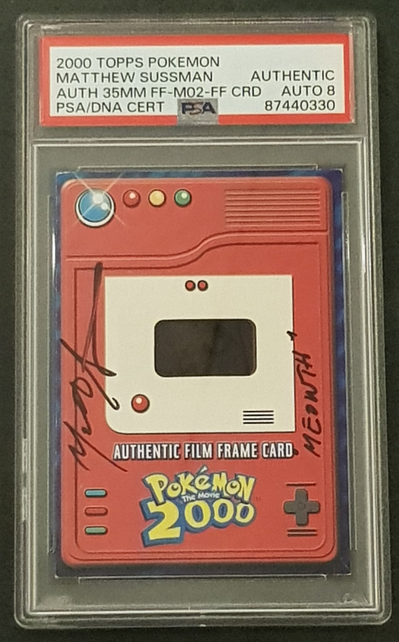 Topps Pokemon the Movie 2000 Authentic 35mm 'Meowth' Film Frame Card PSA Authentic AUTO 8 Insert Card (Signed by Matthew Sussman)