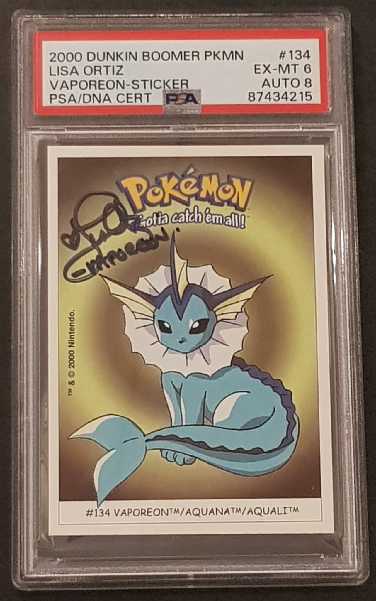 Pokemon Vaporeon #134/150 PSA 6/AUTO 8 Dunkin Boomer Trading Card Sticker (Signed by Lisa Ortiz)