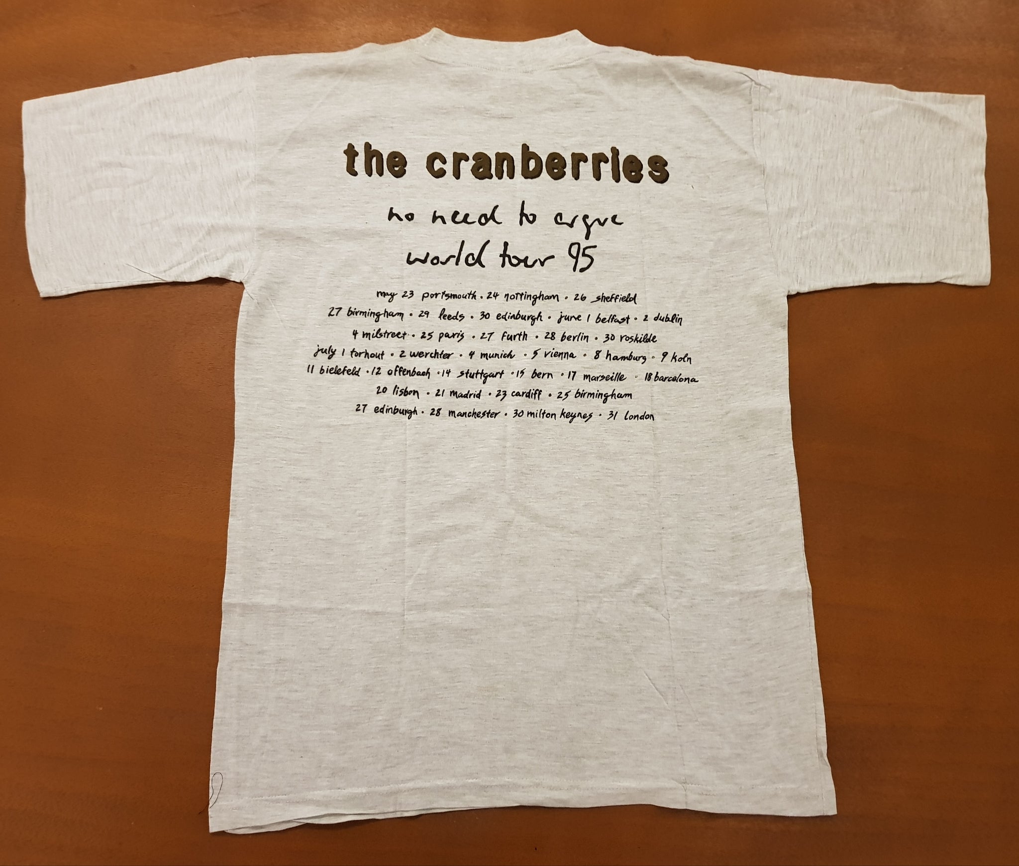 1995 The Cranberries 'No Need to Argue' World Tour '95 (UK/Europe Tour  Dates) T-shirt XL Light Grey (Vtg)