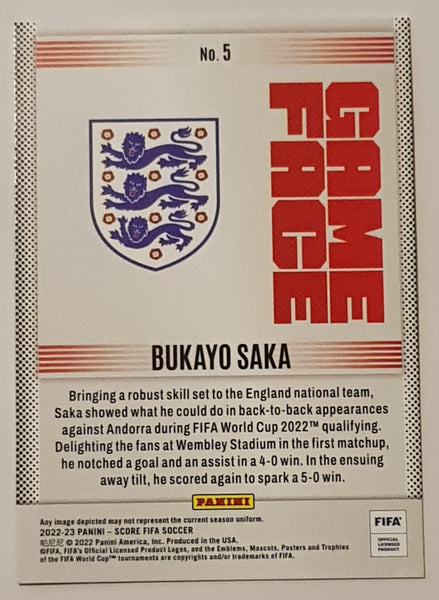 2022-23 Panini Score FIFA Bukayo Saka Game Face #5 Trading Card (Case Hit)
