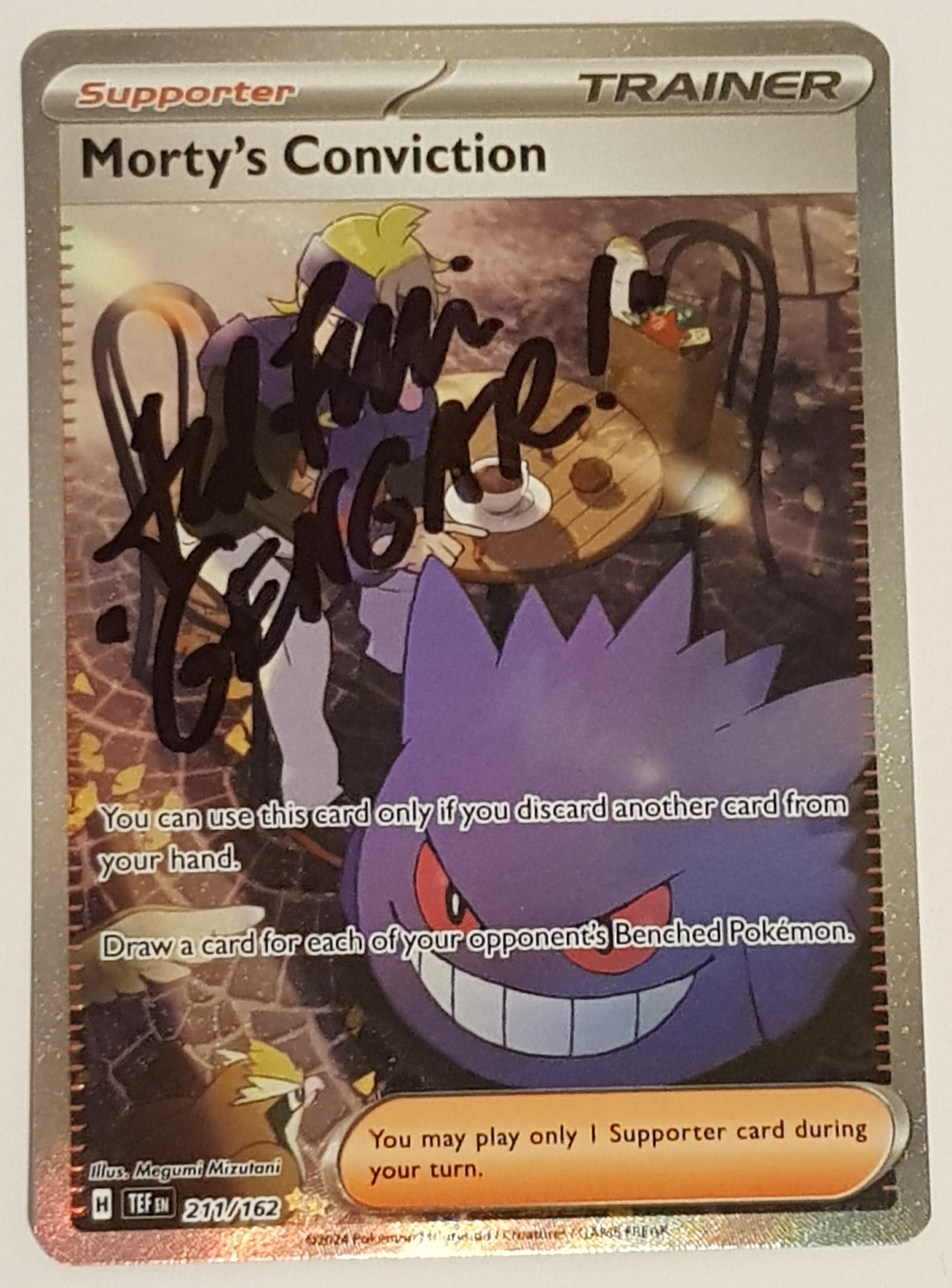 Pokemon Scarlet and Violet Temporal Forces Morty's Conviction #211/162 Special Illustration Rare Holo Trading Card (Signed by Ted Lewis)