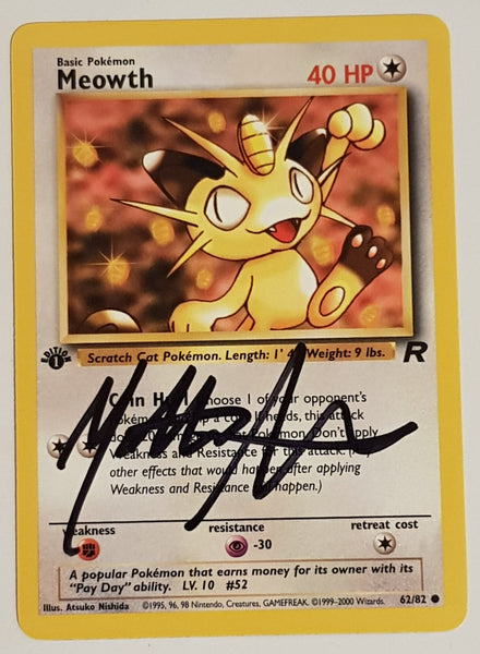 Pokemon Team Rocket (1st Edition) Meowth #62/82 Trading Card (Signed by Matthew Sussman)