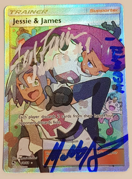 Pokemon Sun and Moon Hidden Fates Jesse and James #68/68 Full Art Holo Rare Trading Card (Signed by Ted Lewis and Matthew Sussman)