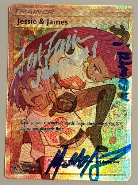 Pokemon Sun and Moon Hidden Fates Jesse and James #68/68 Full Art Holo Rare Trading Card (Signed by Ted Lewis and Matthew Sussman)