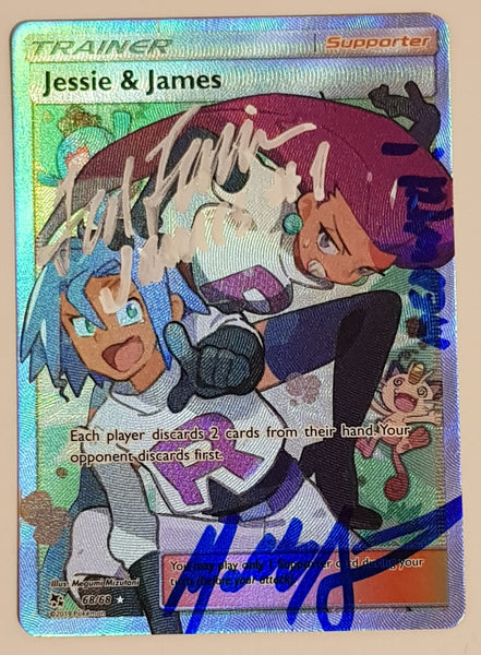 Pokemon Sun and Moon Hidden Fates Jesse and James #68/68 Full Art Holo Rare Trading Card (Signed by Ted Lewis and Matthew Sussman)