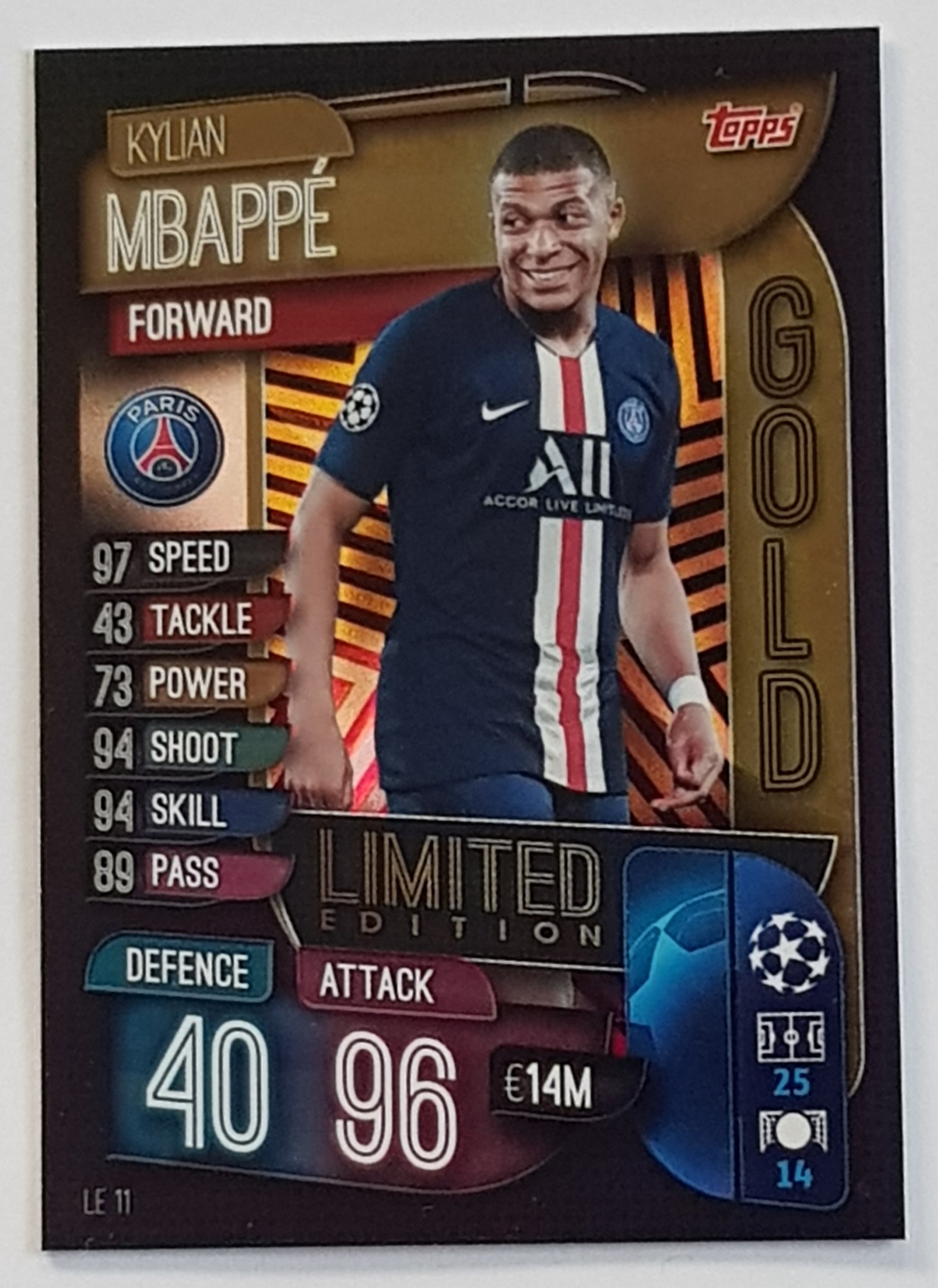 mbappe limited edition card 2019-20 Topps Match Attax Champions League Kylian Mbappe #LE11 Limited Edition Gold Trading Card