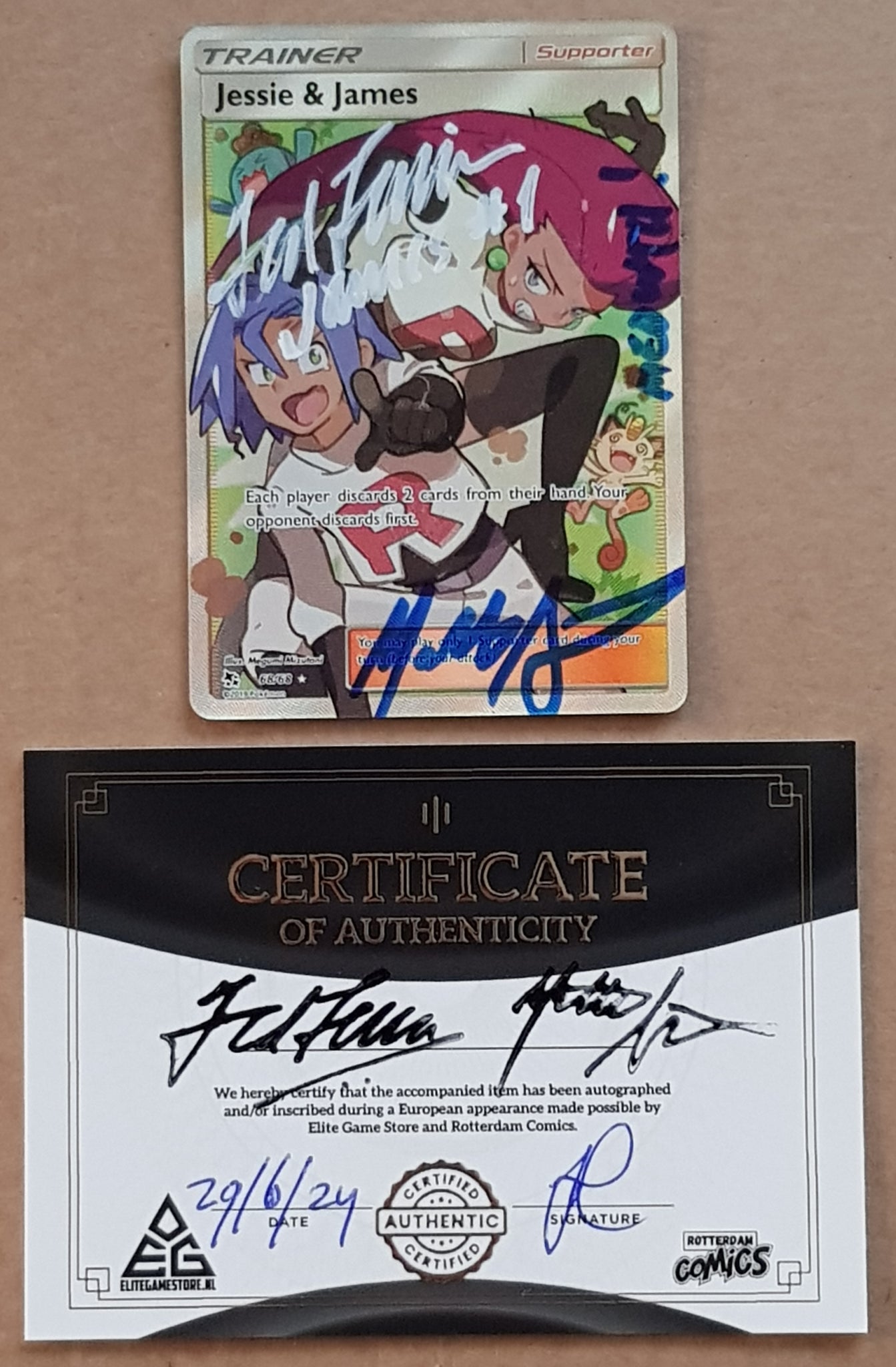 Pokemon Sun and Moon Hidden Fates Jesse and James #68/68 Full Art Holo Rare Trading Card (Signed by Ted Lewis and Matthew Sussman)