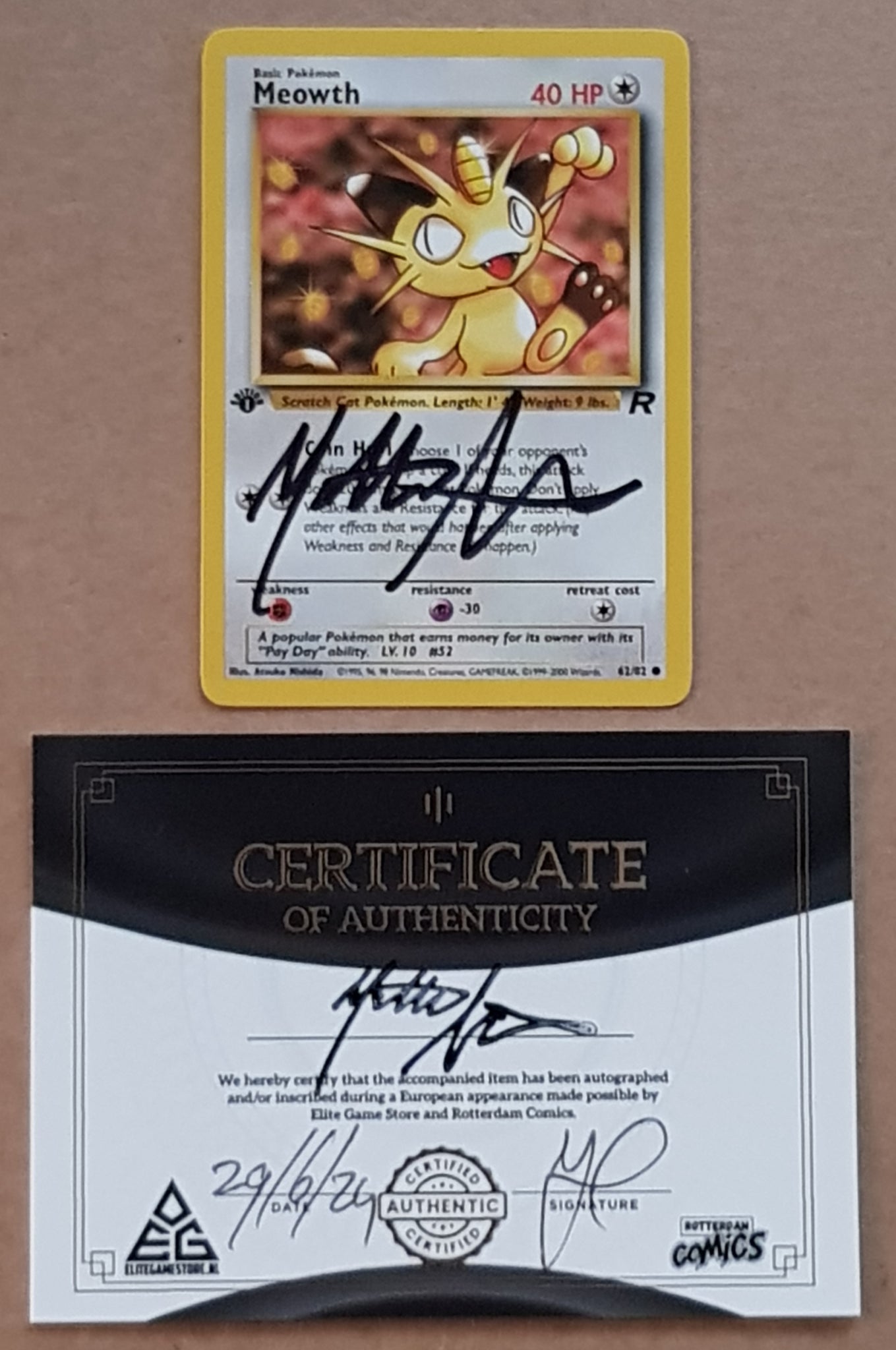 Pokemon Team Rocket (1st Edition) Meowth #62/82 Trading Card (Signed by Matthew Sussman)