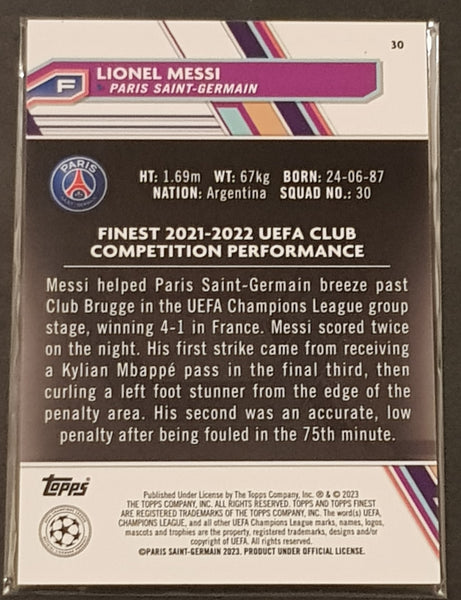 2022-23 Topps Finest UEFA Champions League Lionel Messi #30 Green Mini Diamond Refractor /125 Trading Card