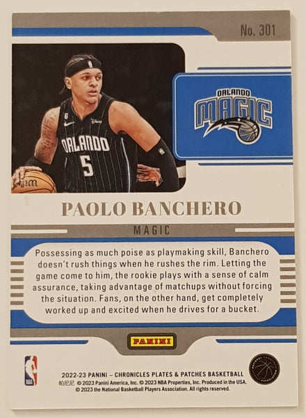 2022-23 Panini Chronicles Plates and Patches Basketball Paolo Banchero #301 Purple Parallel /49 Rookie Card