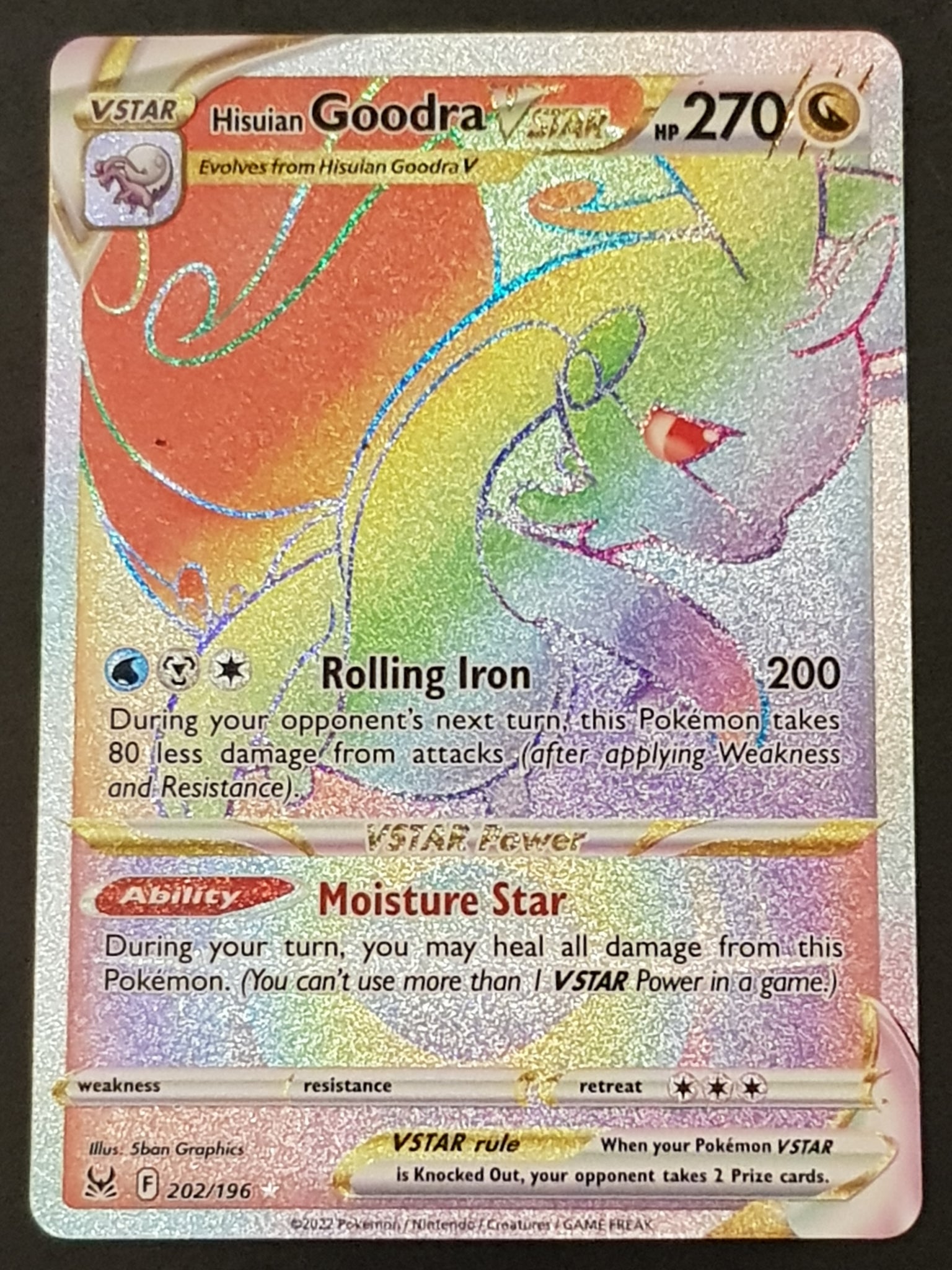 Pokemon Sword and Shield Lost Origin Hisuian Goodra Vstar #202/196 Secret Rare Rainbow Holo Trading Card