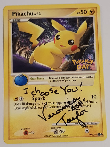 Pokemon Pop Series 6 Pikachu #9/17 Pokemon Day Stamp Non-Holo Promo Card (Signed by Veronica Taylor)