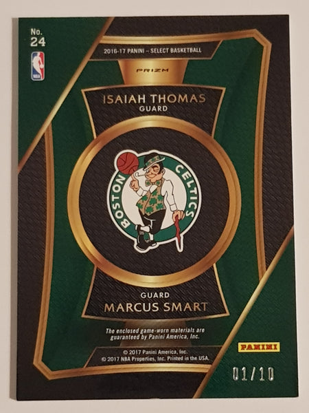 2016-17 Panini Select Basketball Isaiah Thomas/Marcus Smart #24 Duets Gold Parallel /10 Game-Used Dual Patch Trading Card