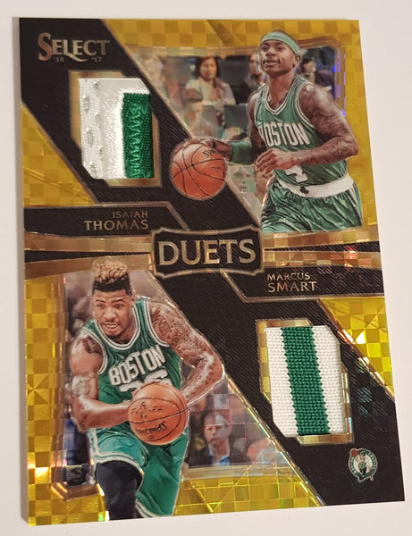 2016-17 Panini Select Basketball Isaiah Thomas/Marcus Smart #24 Duets Gold Parallel /10 Game-Used Dual Patch Trading Card