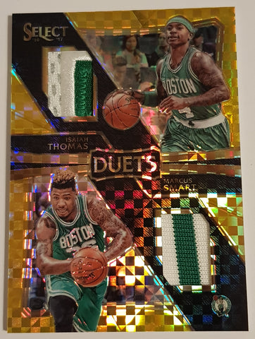 2016-17 Panini Select Basketball Isaiah Thomas/Marcus Smart #24 Duets Gold Parallel /10 Game-Used Dual Patch Trading Card