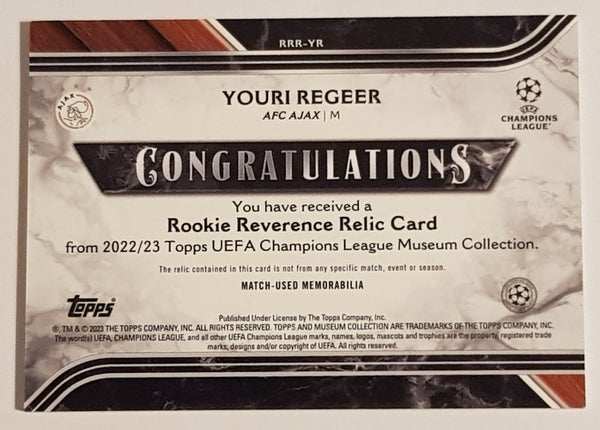 2022-23 Topps Museum Collection UEFA Champions League Rookie Reverence Youri Regeer #RRR-YR /199 Relic Rookie Card