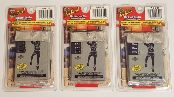 1995 Upper Deck He's Back! Michael Jordan Commemorative Pack Jumbo Trading Card Set (w/ 6 Sealed Wax Packs)