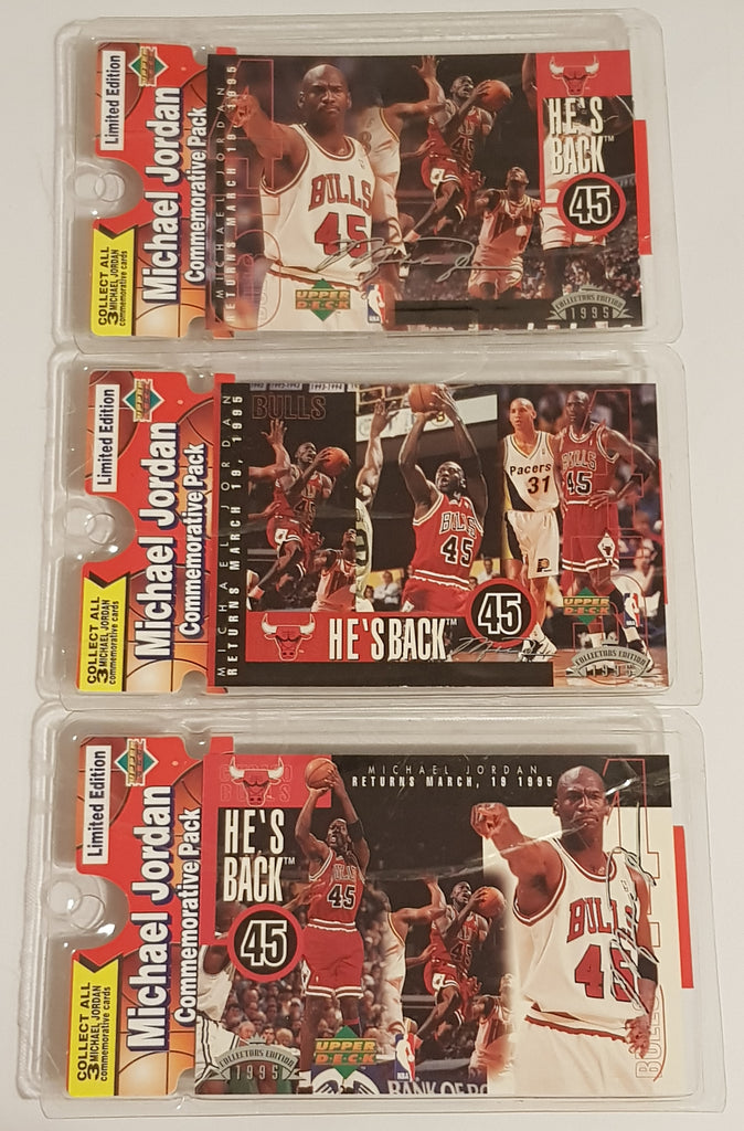 michael jordan limited edition card 1995 Upper Deck He's Back! Michael Jordan Commemorative Pack Jumbo Tra – Rotterdam Comics