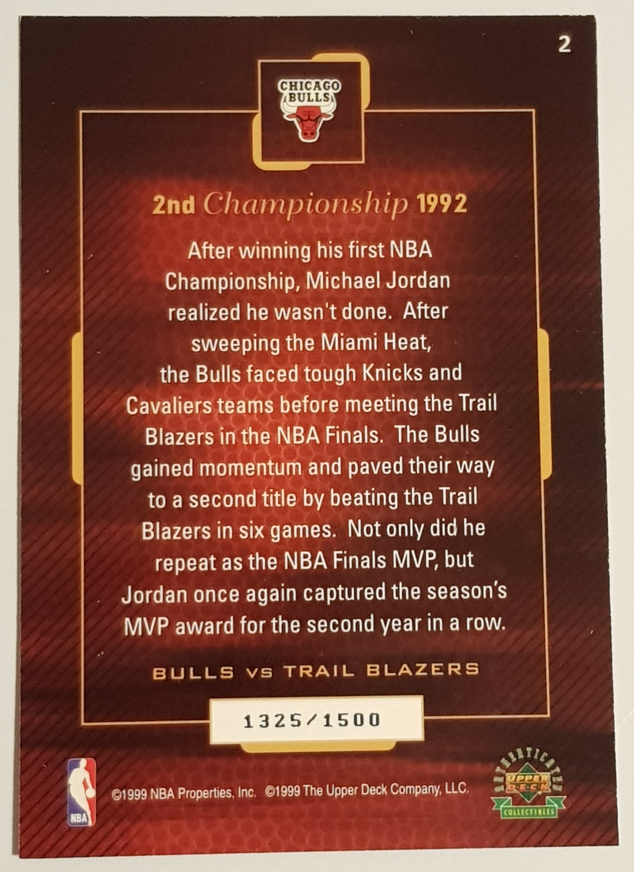 1999 Upper Deck Six Time NBA Champion Michael Jordan 2nd 