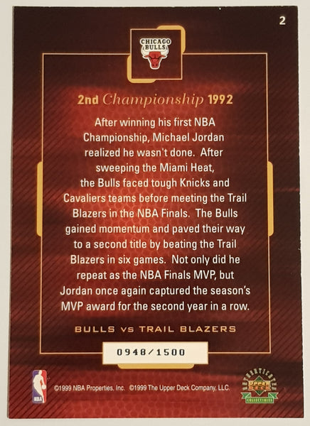 1999 Upper Deck Six Time NBA Champion Michael Jordan 2nd Championship 1992 #2 Red Foil Parallel /1500 Jumbo Trading Card