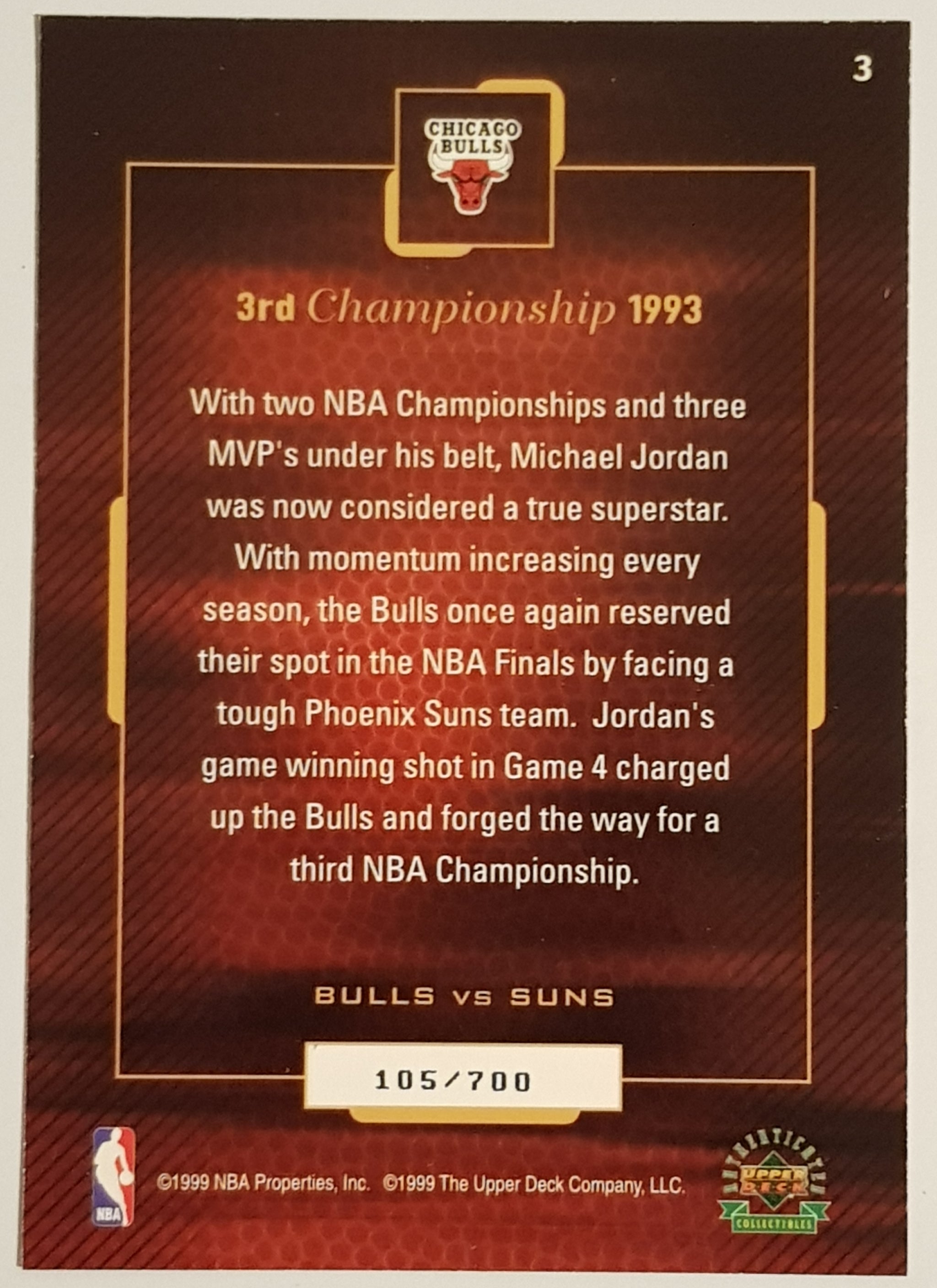 1999 Upper Deck Six Time NBA Champion Michael Jordan 3rd