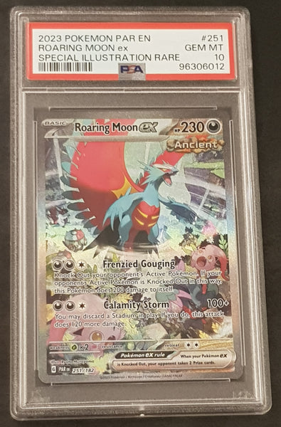 Pokemon Scarlet and Violet Paradox Rift Roaring Moon Ex #251/182 PSA 10 Special Illustration Rare Holo Trading Card