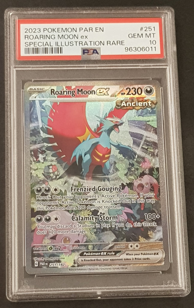 roaring moon pokemon card holographic Pokemon Scarlet and Violet Paradox Rift Roaring Moon Ex #251/182 PSA 1 – Rotterdam Comics