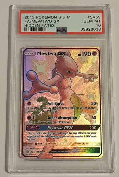 Pokemon Sun and Moon Hidden Fates Mewtwo GX #SV59/SV94 PSA 10 Shiney Ultra Rare Full Art Holo Trading Card