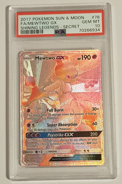 Pokemon Sun and Moon Shining Legends Mewtwo GX #76/73 PSA 10 Secret Rare Full Art Holo Trading Card