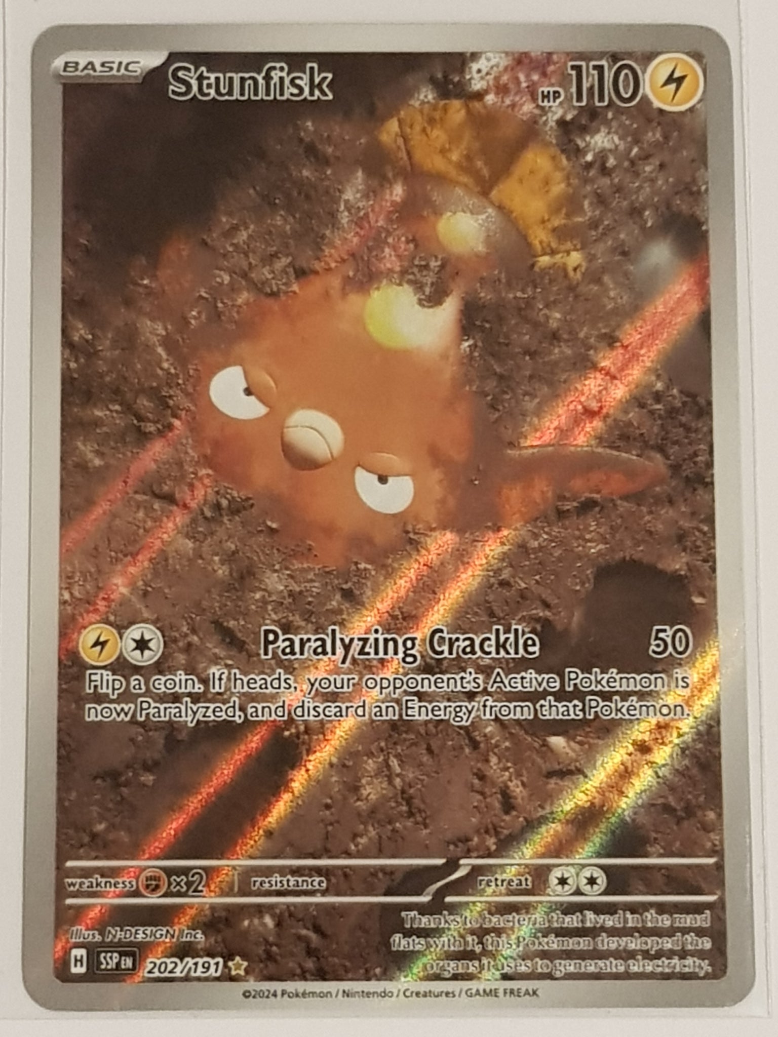 Pokemon Scarlet and Violet Surging Sparks Stunfisk #202/191 Illustration Rare Holo Trading Card Pokemon Scarlet and Violet Surging Sparks Stunfisk #202/191 Illustration Rare Holo Trading Card