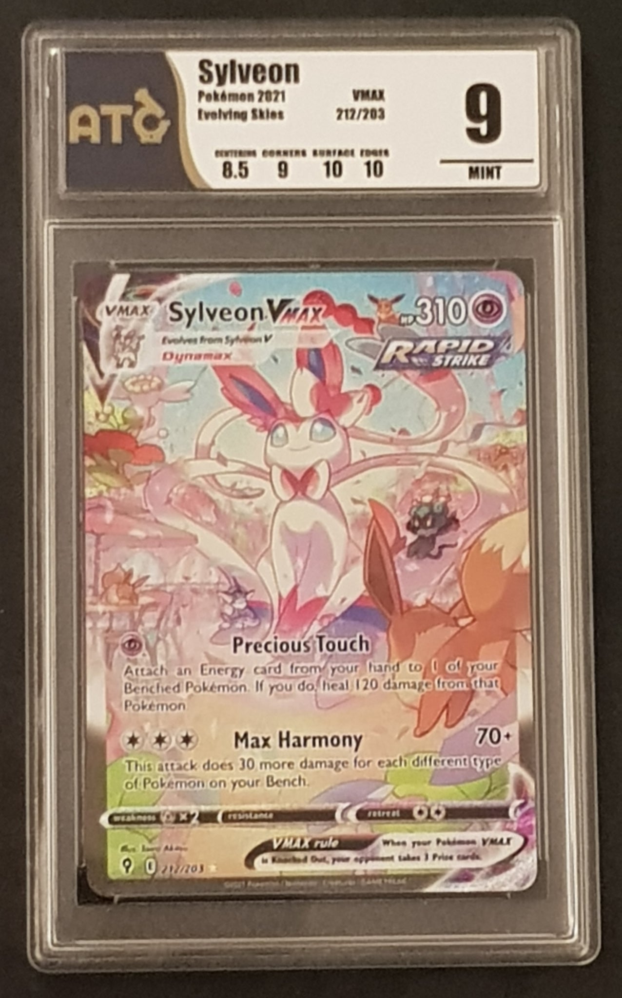 Pokemon Sword and Shield Evolving Skies Sylveon Vmax #213/203 ATC Grading 9 Secret Rare Full Art Holo Trading Card