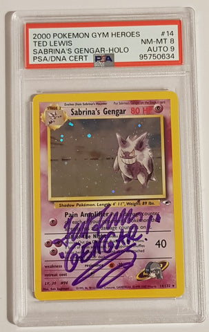 Pokemon Gym Heroes Sabrina's Gengar #14/132 PSA 8/AUTO 9 Holo Rare Trading Card (Signed by Ted Lewis)