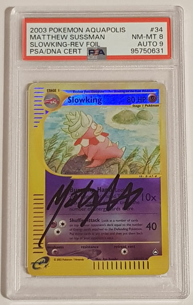 Pokemon Aquapolis Slowking #34/147 PSA 8/AUTO 9 Reverse Holo Rare Trading Card (Signed by Matthew Sussman)