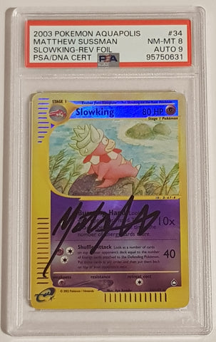 Pokemon Aquapolis Slowking #34/147 PSA 8/AUTO 9 Reverse Holo Rare Trading Card (Signed by Matthew Sussman)