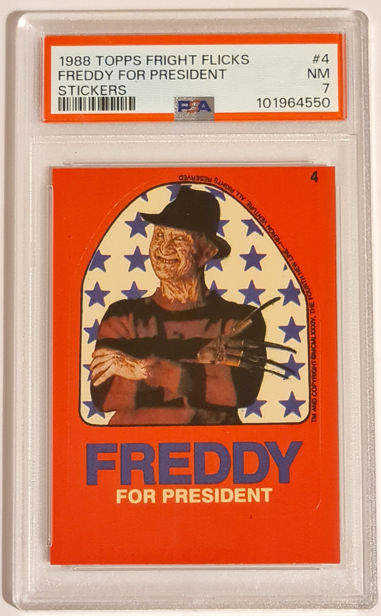 1988 Topps Fright Flicks Sticker Card #4 PSA 7 Freddy for President Trading Card
