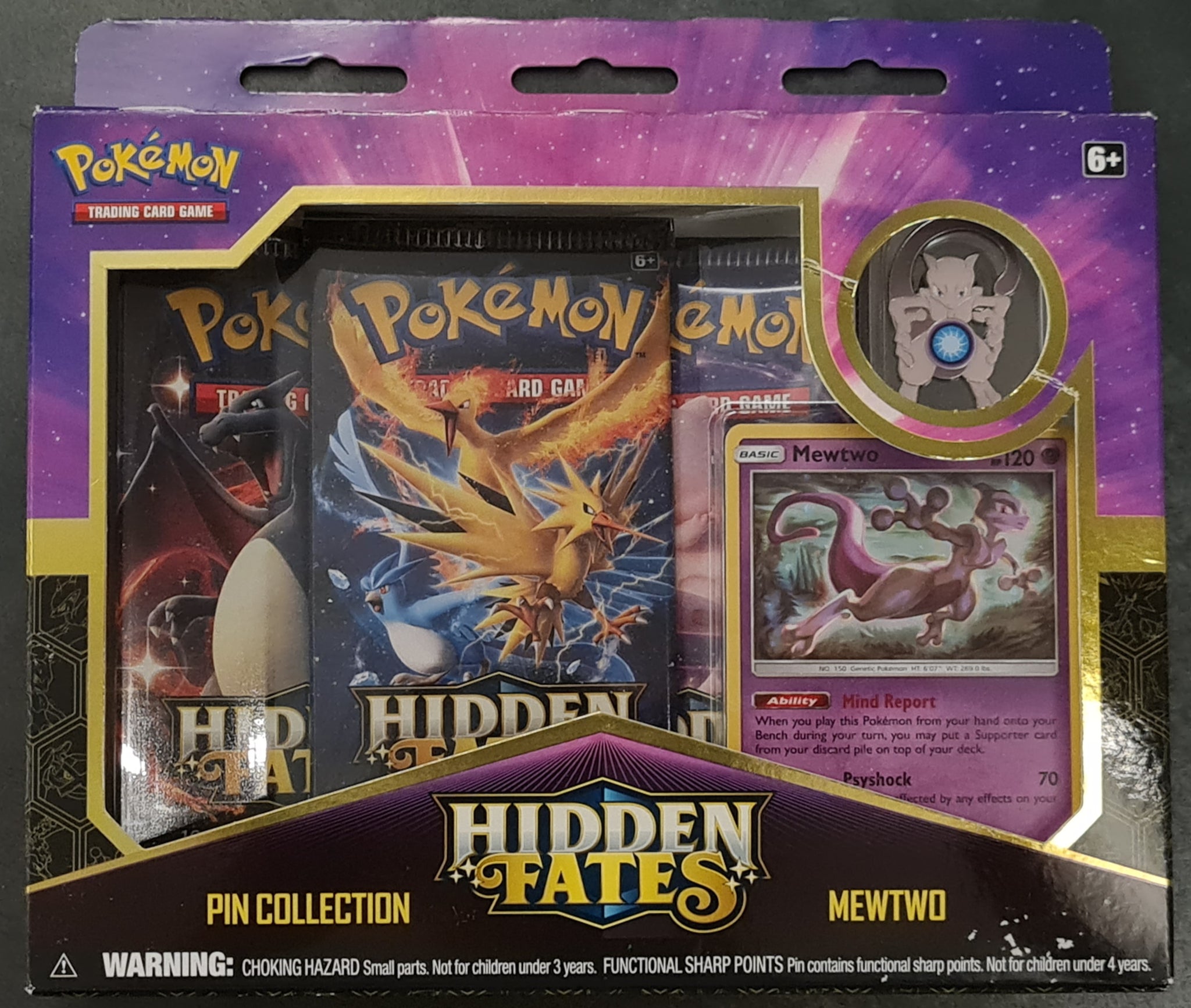 Pokemon Sun and Moon Hidden Fates (3) Booster Pack Mewtwo Pin Collection