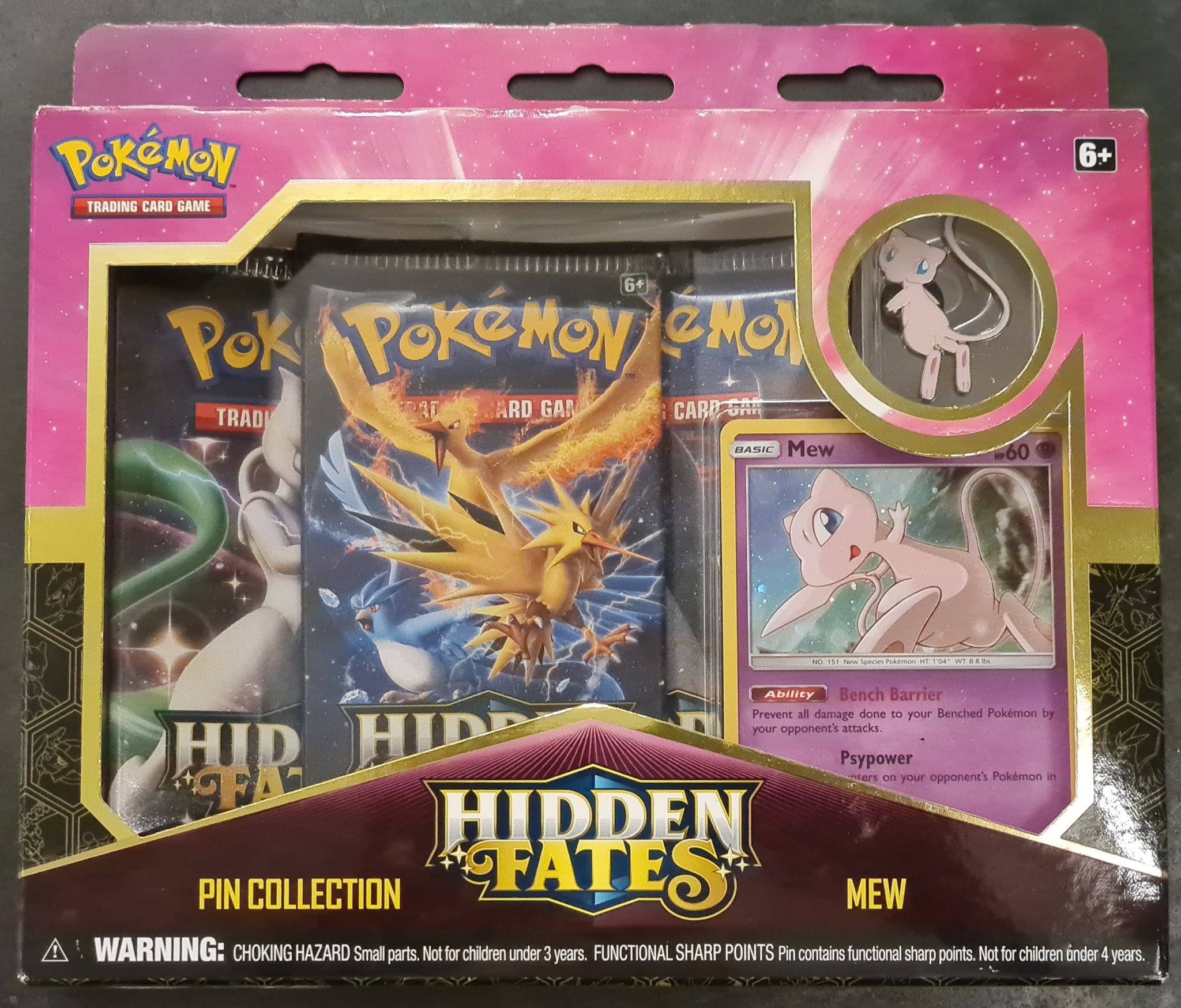 Pokemon Sun and Moon Hidden Fates Mew Pin Collection (3) Booster Pack Set