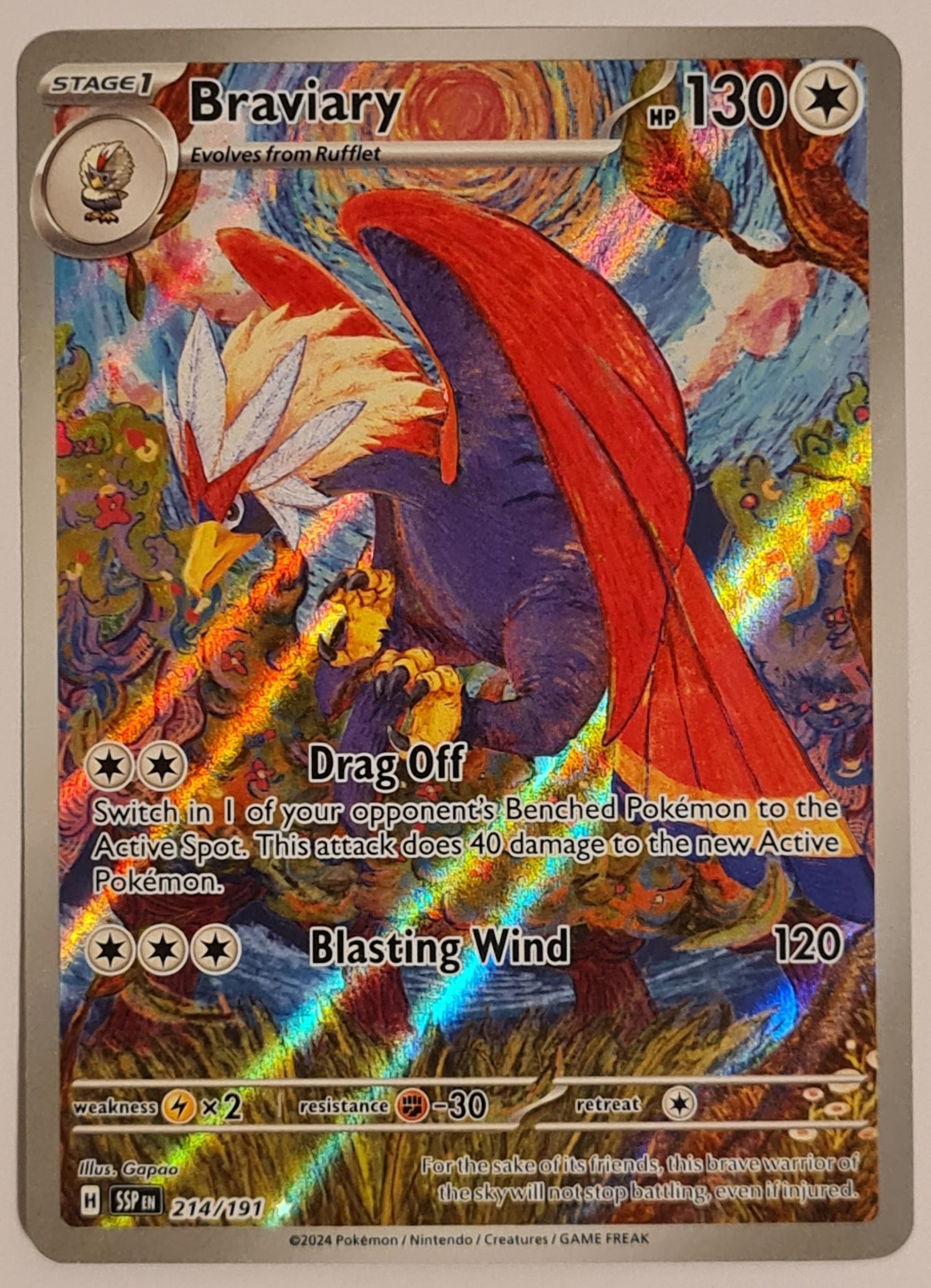 Pokemon Scarlet and Violet Surging Sparks Braviary #214/191 Illustration Rare Holo Trading Card