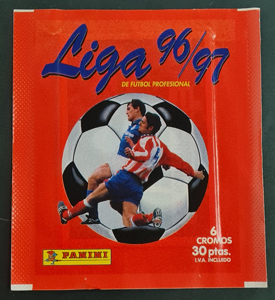 Panini Liga Futbol 96-97 Sealed Sticker Pack (w/ Ronaldo #393 Barca Rookie Year visible in front of pack)