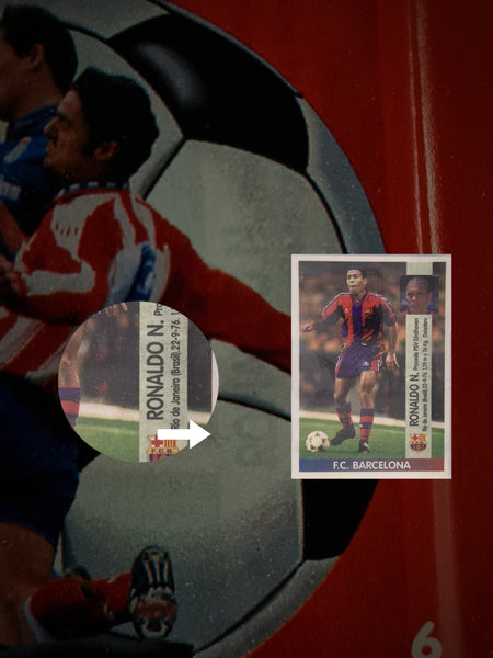 Panini Liga Futbol 96-97 Sealed Sticker Pack (w/ Ronaldo #393 Barca Rookie Year visible in front of pack)