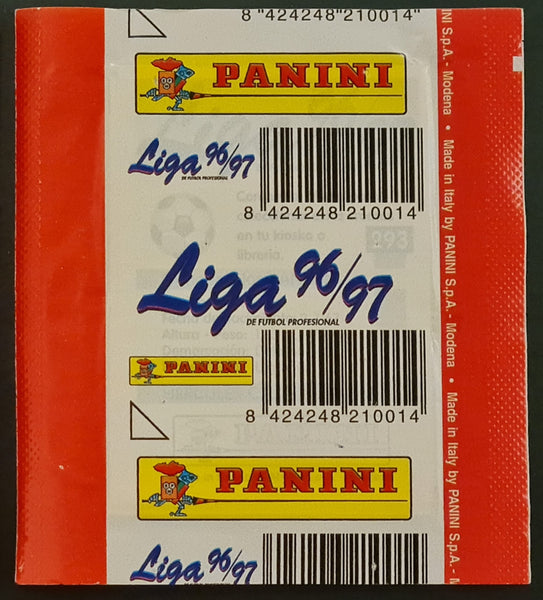 Panini Liga Futbol 96-97 Sealed Sticker Pack (w/ Ronaldo #393 Barca Rookie Year visible in front of pack)