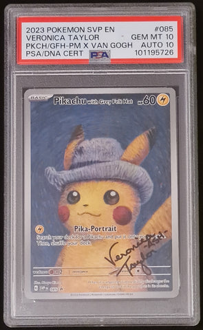 Pokemon x Van Gogh Museum Pikachu w/ Grey Felt Hat #SVP-085 Black Star Promo PSA 10/AUTO 10 Trading Card (Signed by Veronica Taylor)