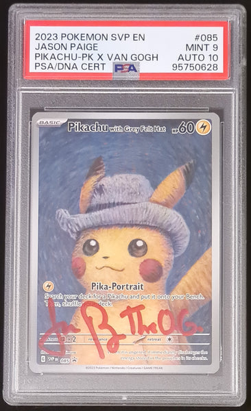 Pokemon x Van Gogh Museum Pikachu with Grey Felt Hat #SVP-085 Black Star Promo PSA MINT 9/AUTO 10 Trading Card (Signed by Jason Paige)