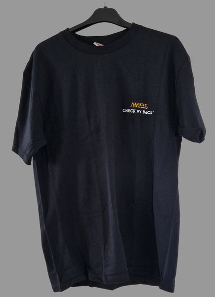 90s Magic: The Gathering - MTG 'Check My Back!' T-shirt L Black (Vtg) - With Necklace!