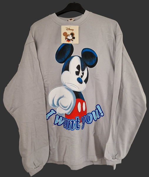 90s Mickey Mouse - Disney ELMI Angry Mickey ''I Want You!'' Sweater Large Grey (Vtg)