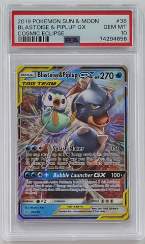 Pokemon Sun and Moon Cosmic Eclipse Blastoise and Piplup GX #38/236 PSA Gem Mint 10 Ultra Rare Holo Trading Card