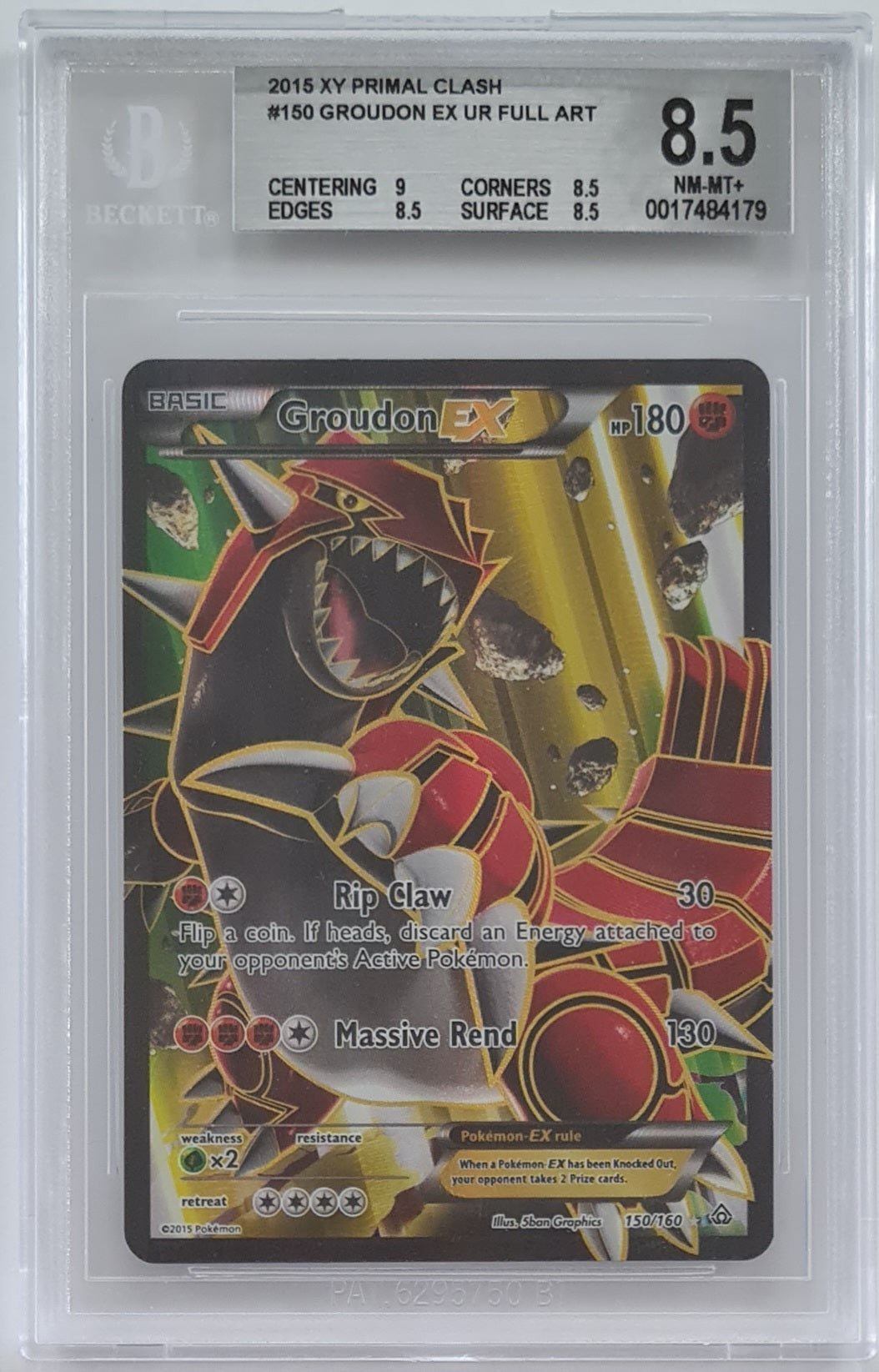 Pokemon XY Primal Clash Groudon Ex #150/160 BCCG 8.5 Ultra Rare Full Art Holo Trading Card