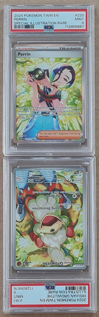 rare growlithe card Pokemon Scarlet and Violet Twilight Masquerade Perrin & Growlithe #220+181/167 Special Illustration Rare Holo PSA Mint 9 Trading Card Set