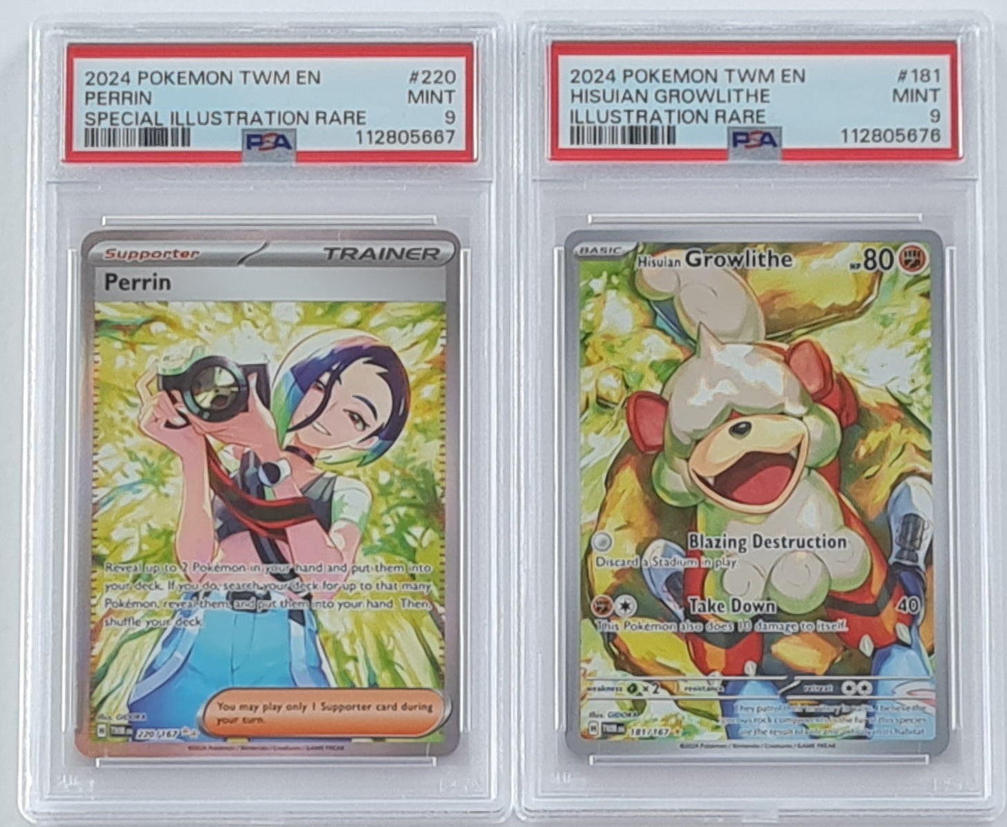 Pokemon Scarlet and Violet Twilight Masquerade Perrin & Growlithe #220+181/167 Special Illustration Rare Holo PSA Mint 9 Trading Card Set Pokemon Scarlet and Violet Twilight Masquerade Perrin & Growlithe #220+181/167 Special Illustration Rare Holo PSA Mint 9 Trading Card Set
