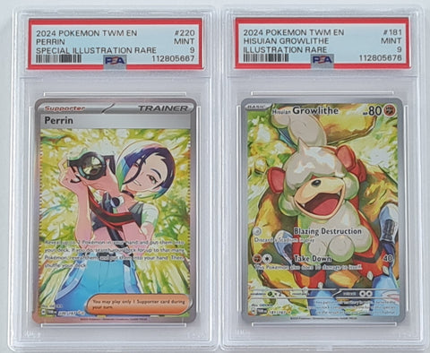 Pokemon Scarlet and Violet Twilight Masquerade Perrin & Growlithe #220+181/167 Special Illustration Rare Holo PSA Mint 9 Trading Card Set